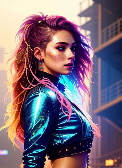 swpunk style synthwavephotorealistic painting ((full body)) portrait of ((stunningly attractive)) a woman at a music festi...